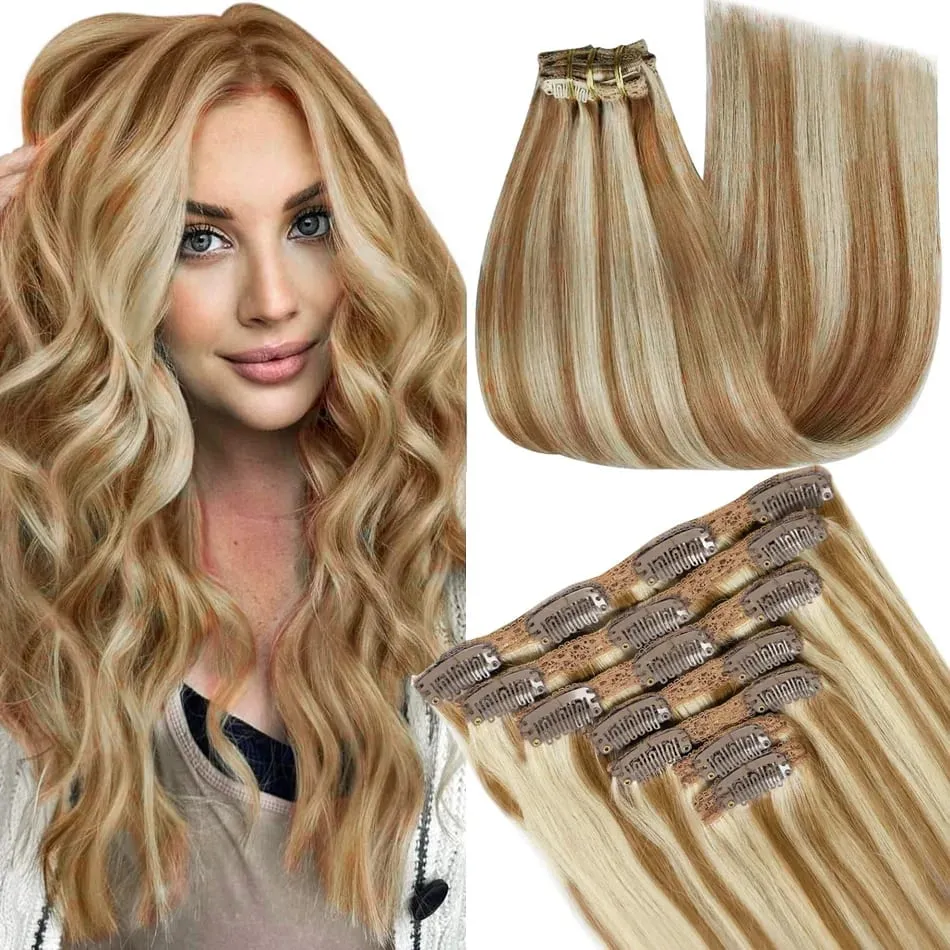 100% Real Human Hair Blonde Clips In Hair Extensions Bundles Natural Black Bulks Blonde 613 Piano Colored Brazilian Hair 30 inch — image 3