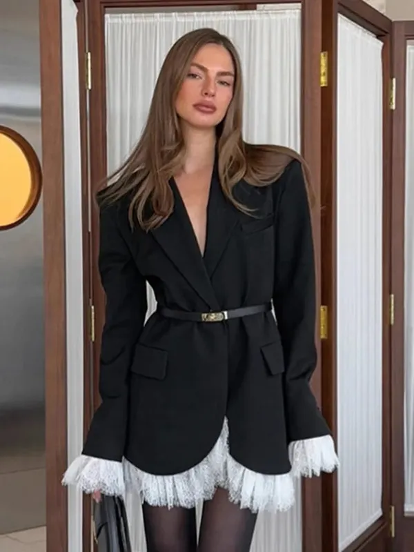 2026 Autumn New Sexy V-Neck Lace Patchwork Black Dress Elegant Temperament Long Sleeve Blazer Maikling Dresses Pambabaeng Damit