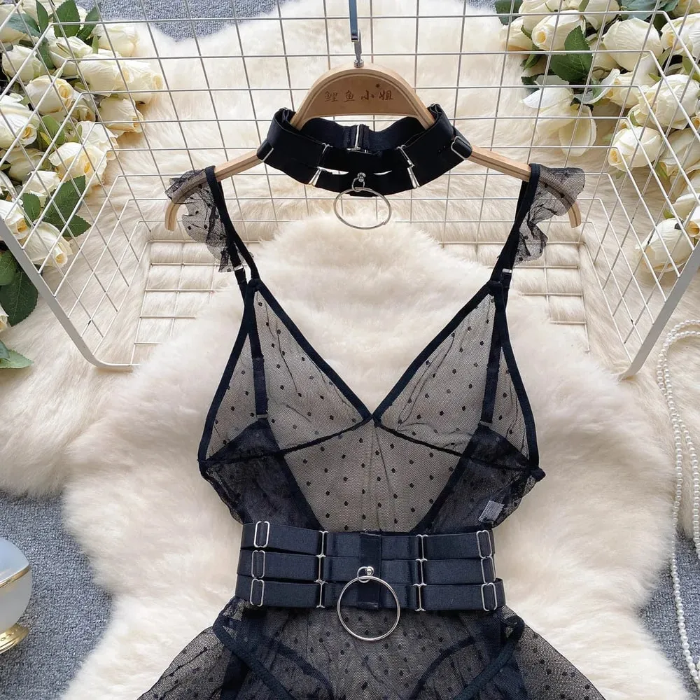ssTss Ins trendy Girl Sexy Mesh Bottom Strap V-neck one-piece Top bodysuit women's Slimming Waist Ruffle Hemp Vest Jumpsuit — image 9