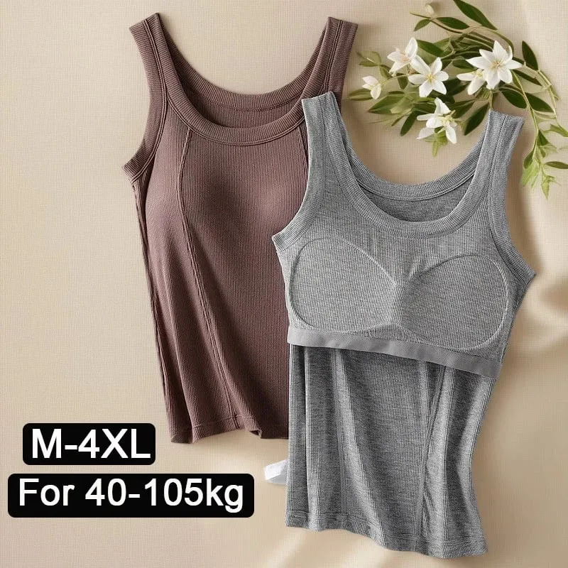 M-4XL For 45-105kg Threaded Cotton Plus Size Camisole Top with Built-in Bra For Women Modal Seamless Underwear Tank Tops