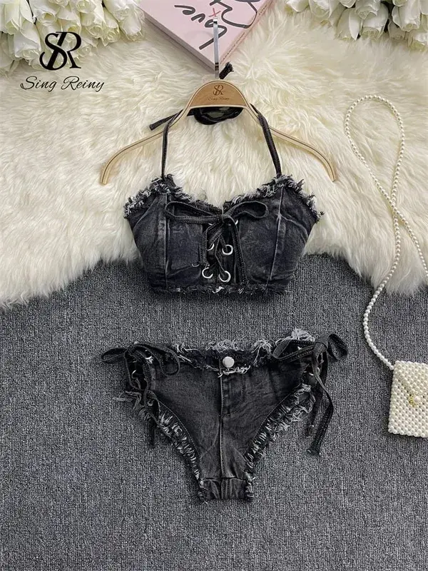 Retro Women Bikini Denim Suits Summer Halter Camis+ Mini Pant Lingerie Fashion Vacation Swimsuits Sexy Bra&Briefs Sets — image 8