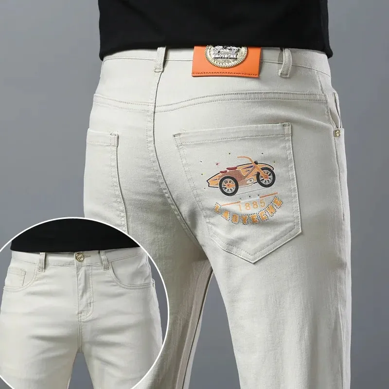 Business Men's Jeans Luxury Brand High Quality Trouser Summer Light Male Pants Fashion Casual Baggy Straight Denims Beige Pants — image 3