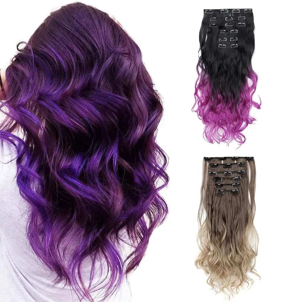 Grampo em extensões de cabelo 6 pçs peruca 20 Polegada longo ondulado sintético grosso trama dupla cabelo para mulheres cor gradiente uso diário