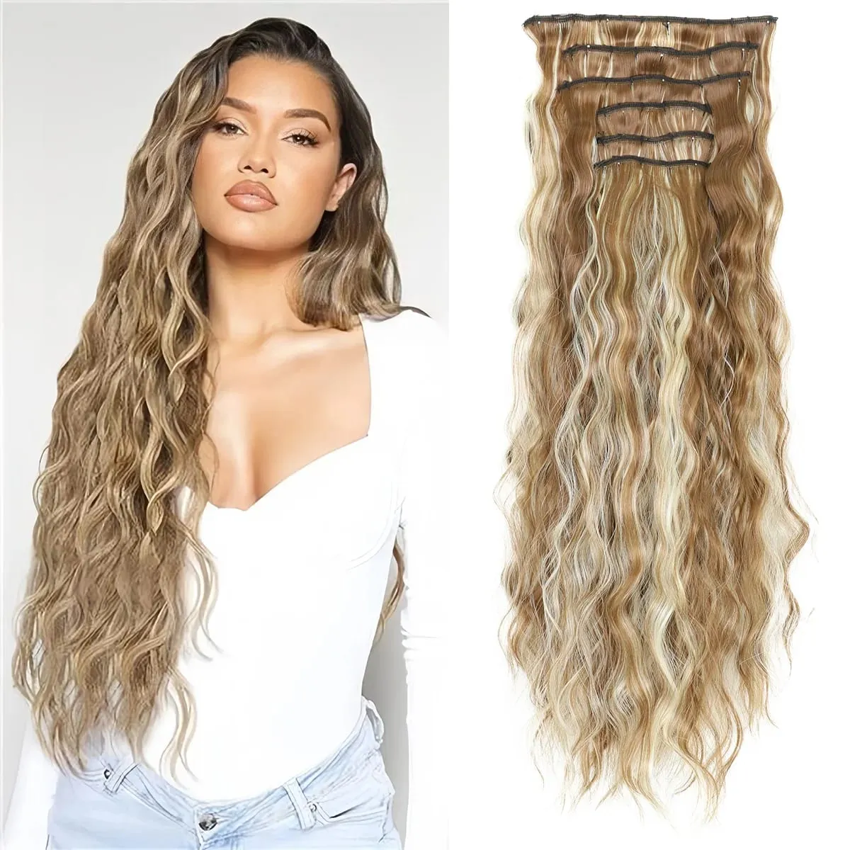 Synthetic Hair Extensions 16Clips In 6PCS Set Curly 22inch Long Clip On Hairpiece Corn Wavy Style For Women Girls Daily Party