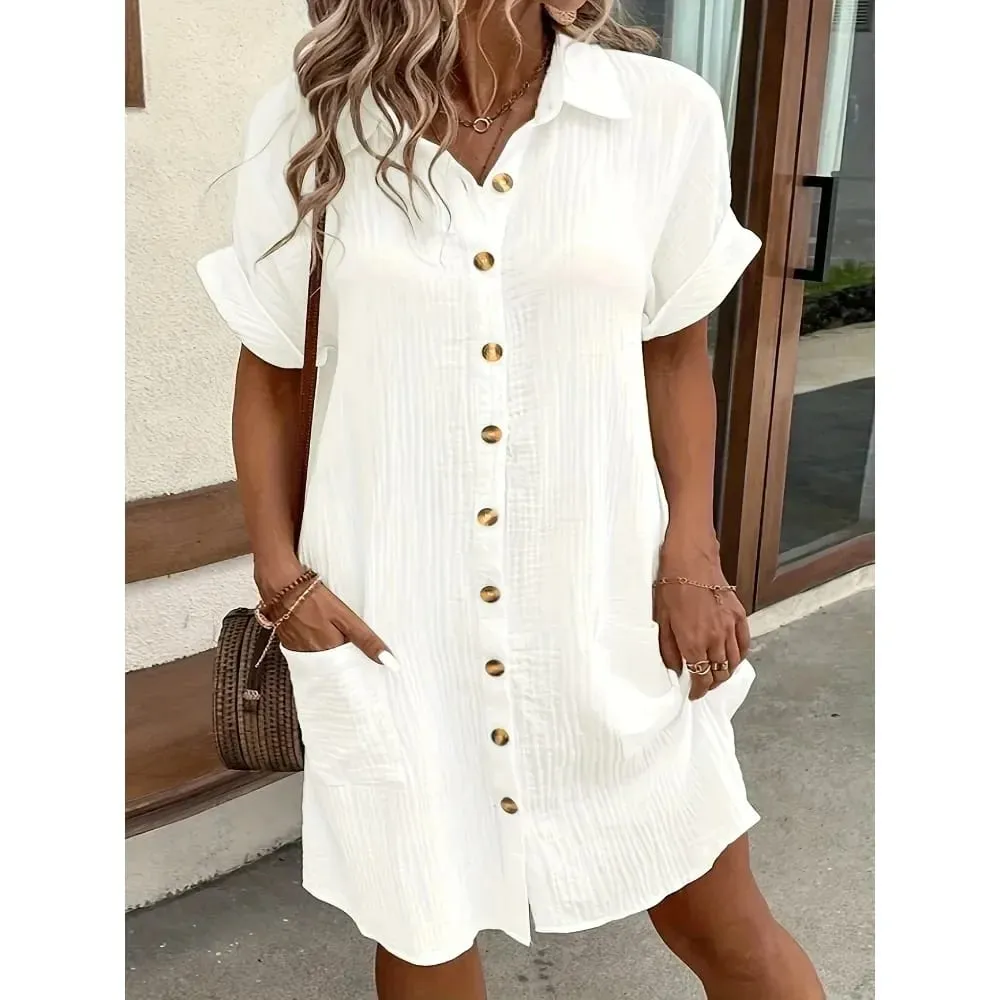 Plus Size 1XL-5XL Spring and Autumn European and American Hot Summer Simple Lapel Button Dress Skirt — image 4