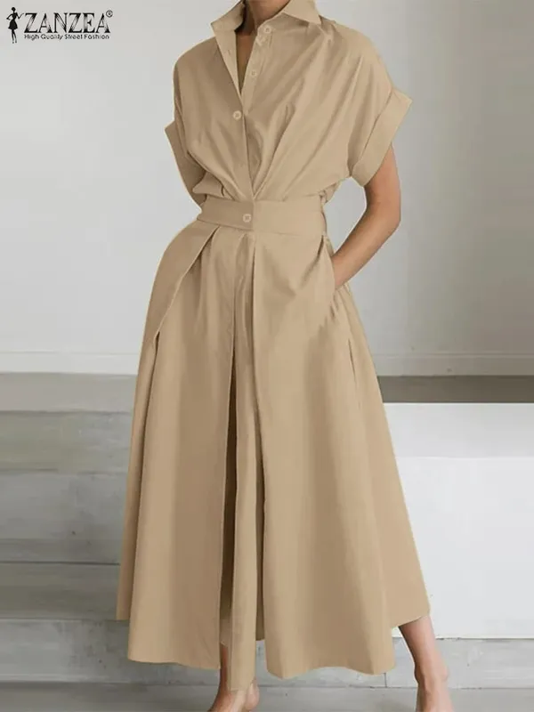Elegant Chic Women Long Dresses Casual Short Sleeve Collared High Waisted Casual & Day Shirt Dress Solid Color S-3XL — image 8