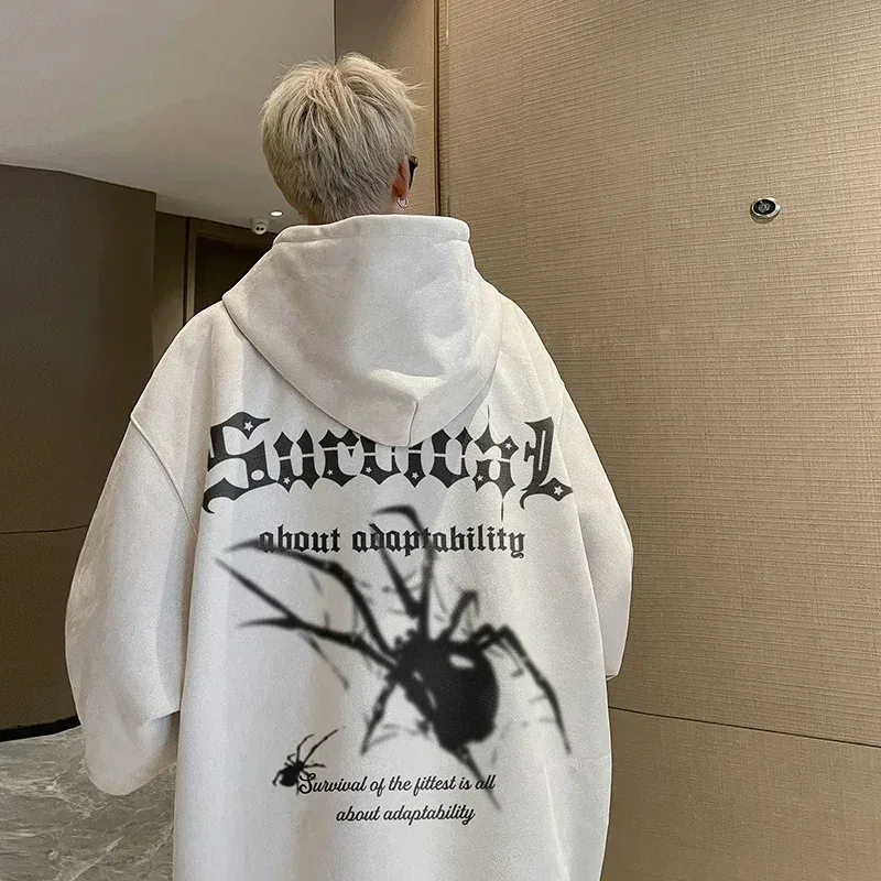 Autumn Gothic Spider Printed Hooded Sweatshirts Hombre Harajuku Streetwear Graphic Suede Hoodies Aesthetic Oversized Y2K Hoody