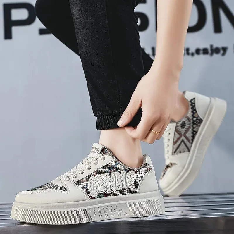 Men Spring Summer Sneakers Platform Board Shoes Ethnic Patchwork Fabric Casual Skateboard Lace Up Male Footwear — image 4