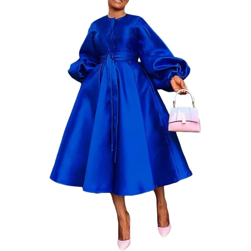 Satin Puff Sleeve Evening Dress for Women Pleated A-Line Round Neck Elegant Party Club Casual Solid Midi Dress with Belt 2025 — image 8