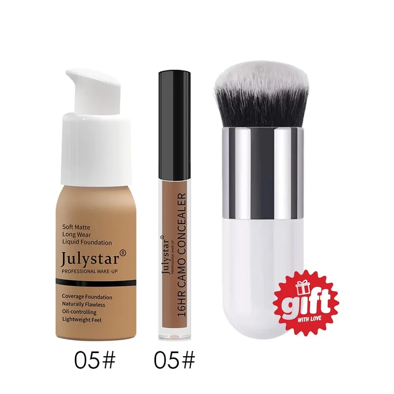 3‑Pc Base Makeup Kit Foundation&Concealer Free Brush. Matte 16H Oil‑Control Lightweight Full-Coverage for Natural Daily Face