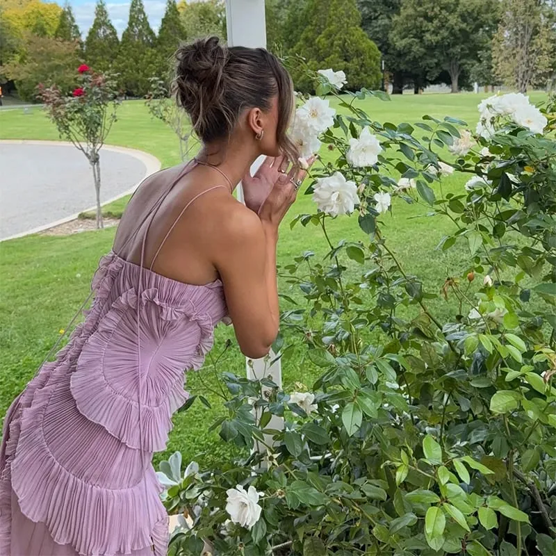 Elegant Purple Halter A Line Prom Gowns Ruffles Tiered Backless Party Gown Summer Vacation Chiffon Long Evening Dress — image 4
