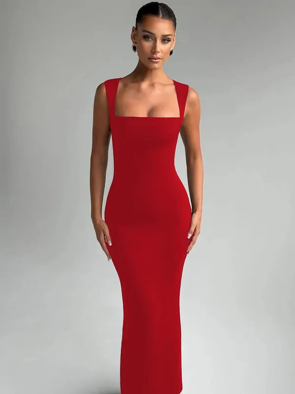 Hugcitar Women Elegant Solid Square Collar Straps Sexy Bodycon Maxi Prom Dress Summer Women Y2K Clothes Evening Party Birthday