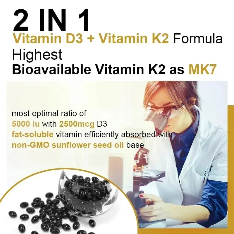 Vitamin D3 + K2 MK-7 - D3 Vitamin Supplement 2 in 1 Supports Immune Heart Joint Dental & Bone Health - Easily Absorbed — image 5