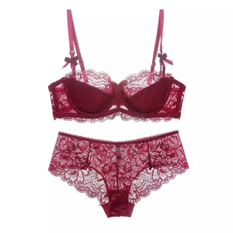 Los más vendidos Conjunto de sujetador de media copa de encaje Sexy para mujer, conjunto de lencería cómoda con aros suaves, Push Up fino elegante, encaje excelente — image 5