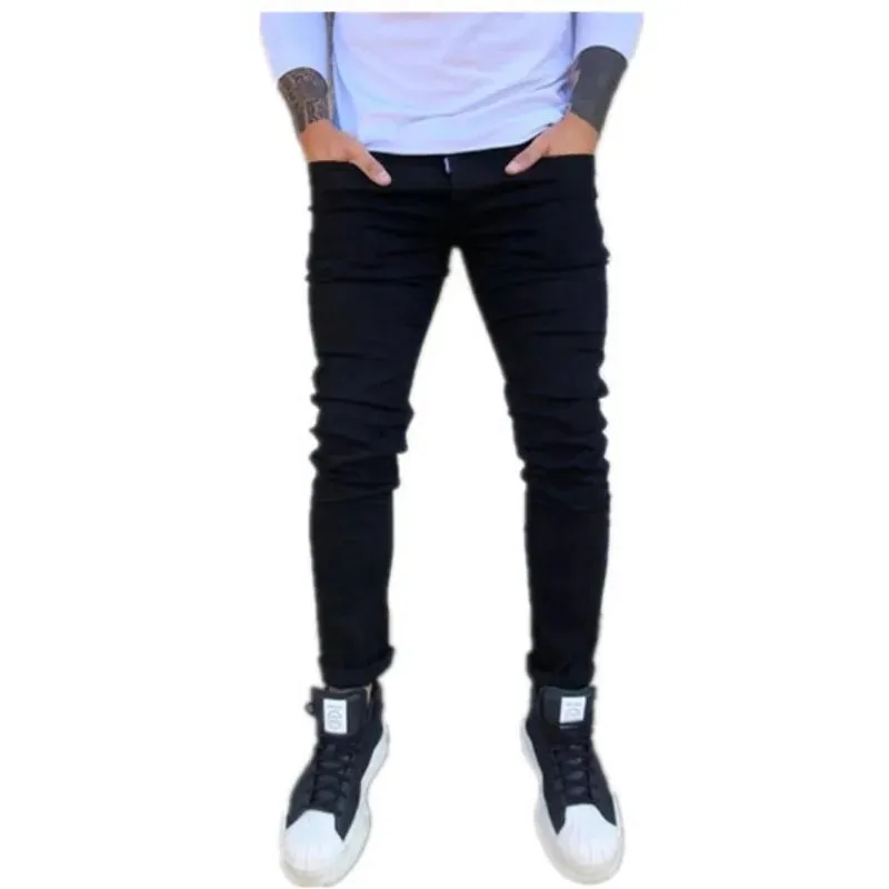 Spring Autumn New Black Stretch Men's Jeans Slim Small Feet Casual Simple Solid Color Male Skinny Denim Trousers Streetwear — image 3
