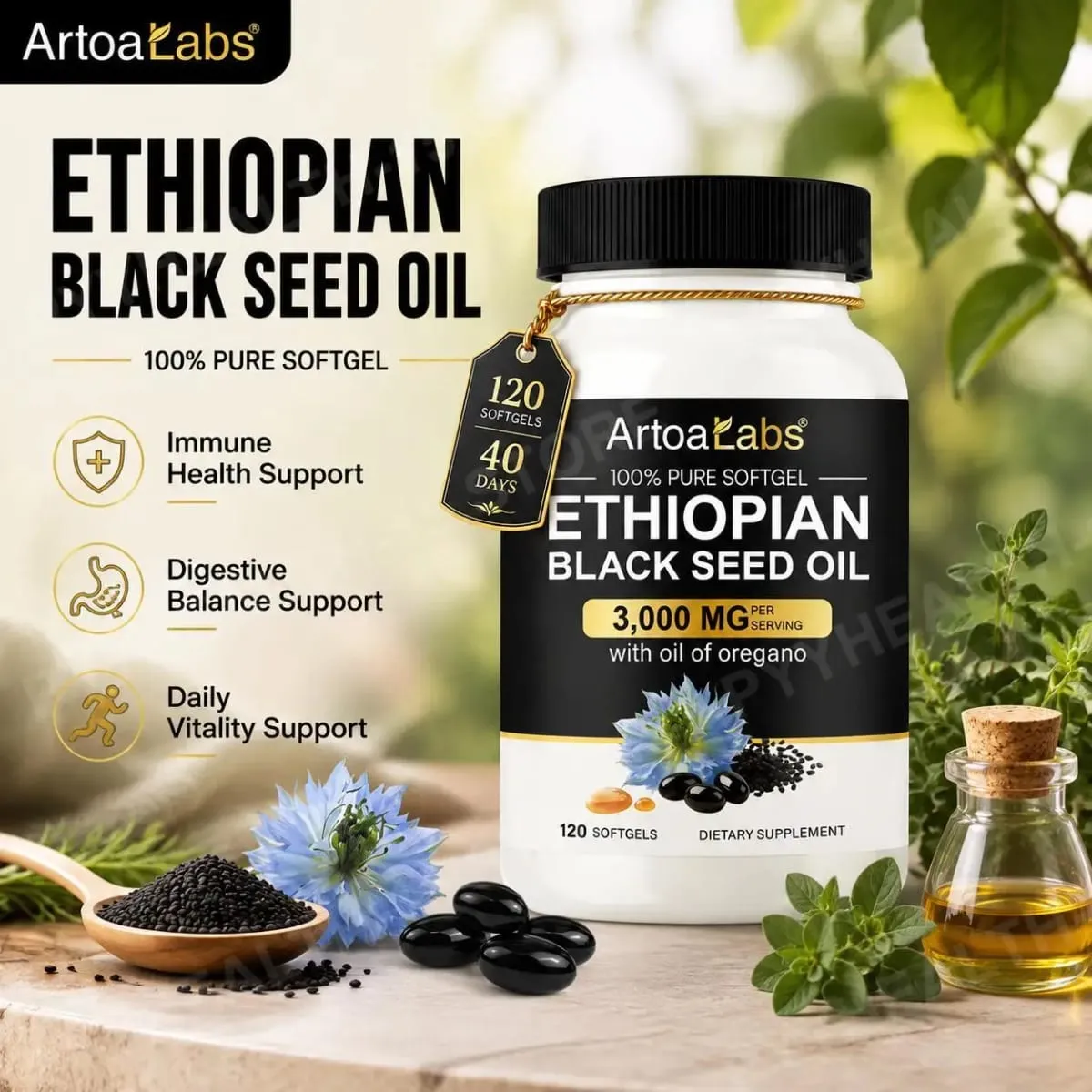 Gélules d'huile de graines noires éthiopiennes 3000 mg avec 100 mg d'extrait d'origan pour le soutien immunitaire digestif et la vitalité quotidienne 120 unités — image 1
