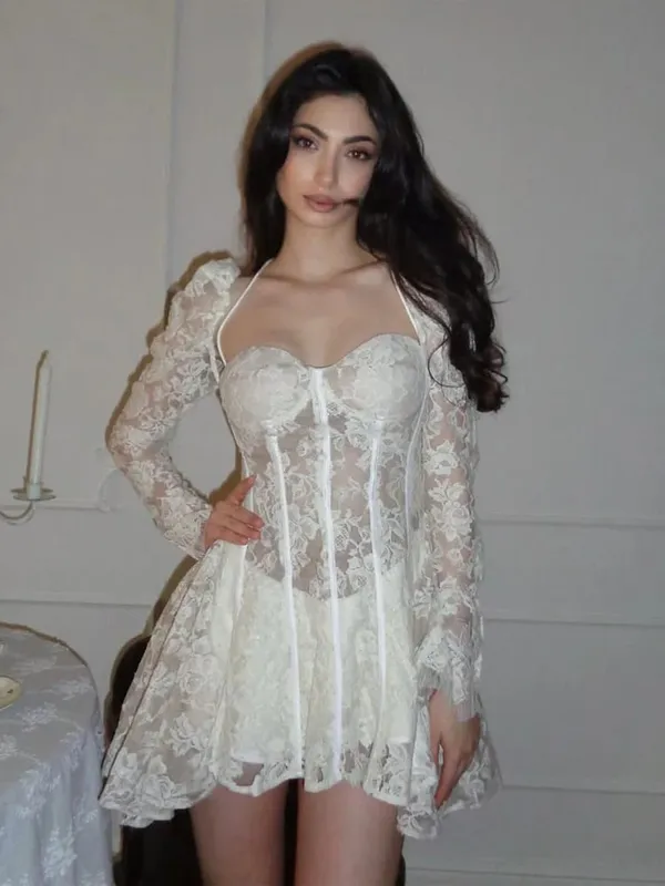Mini Robe en dentelle blanche à lacets en arête de poisson pour femmes, tenue Chic, dos nu, manches longues, transparente, ligne a, Robe de soirée, 2026