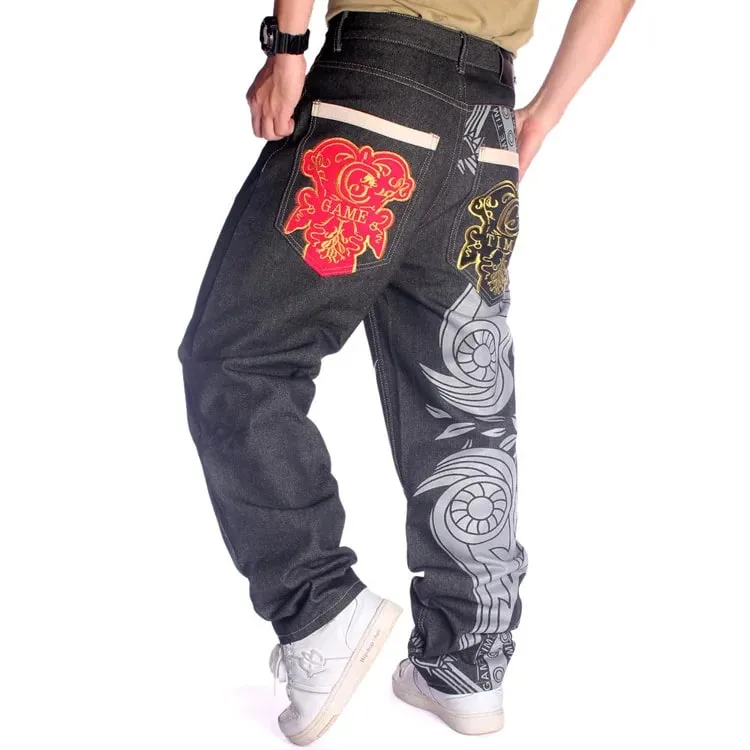 Jean Print Distressed Men Embroidery Jeans Straight Denim Pants Full Length Washed Mid Waist Zipper Fly Pockets Hiphop Loose — image 5