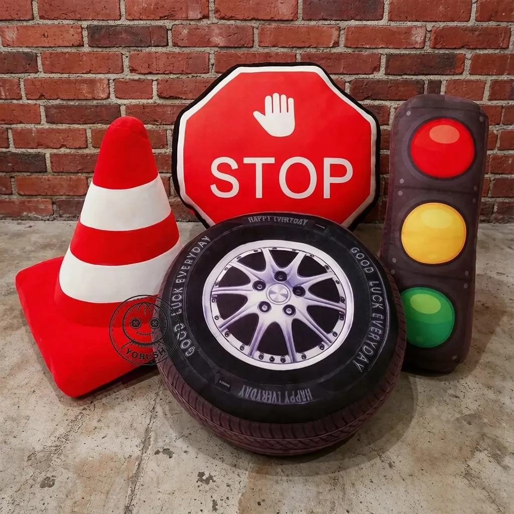 Plush Traffic Pillow Stuffed Car Tyre Roadblock Traffic Cone Signal Lamp STOP Transportation Sign Cushion Decor Plushie Men Gift