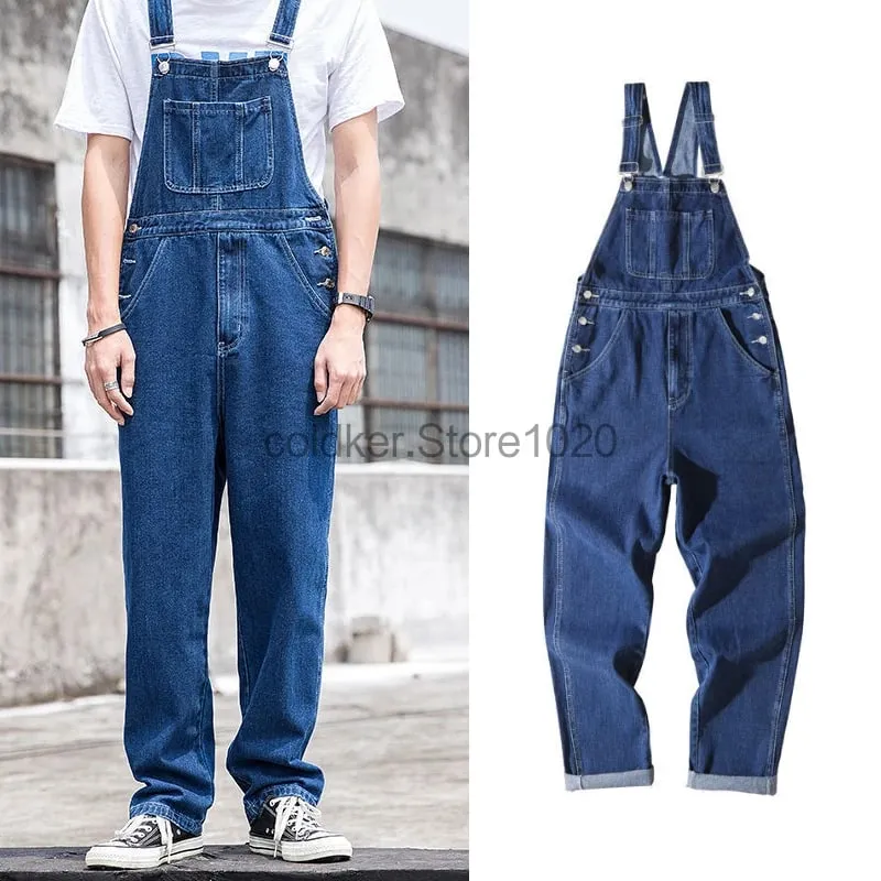 New Men's Denim Overalls Casual Multiple Pockets Loose Splice Straight Rompers Fashion Adjustable Suspenders Jeans For Male — image 2