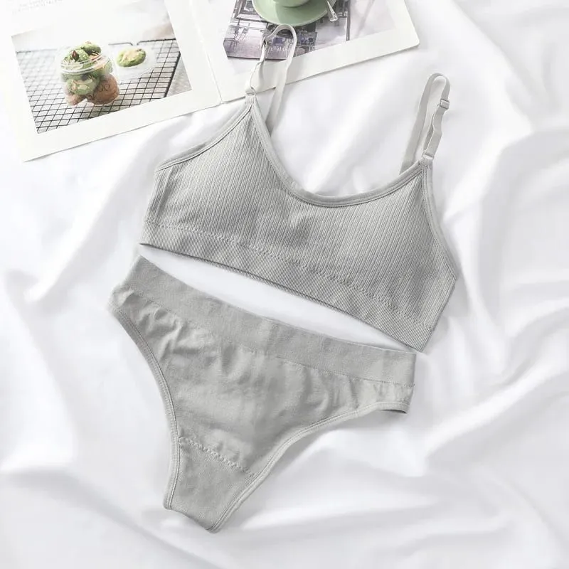 Women Padded Bra And Panties Set Wire Free Seamless Bra Sexy High Waist Thongs Underwear Sports Brassiere Female Lingerie Set