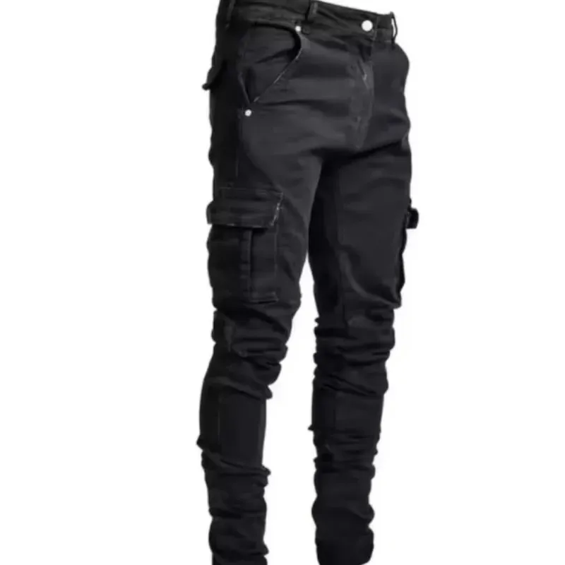 2025 New Fashionable men's denim work pants street style black gray multi pocket jeans American casual multi pocket jeans — image 2