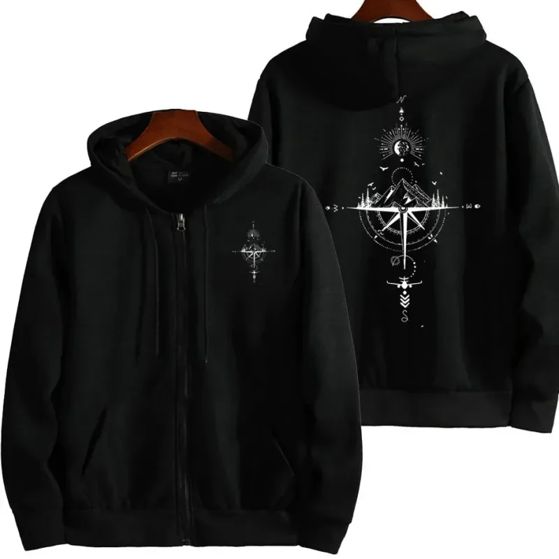 Vintage Compass Print Bluzy z kapturem na zamek dla mężczyzn Wysokiej jakości bluza z kapturem i długim rękawem Zima Codzienny Casual Topy sportowe Odzież męska
