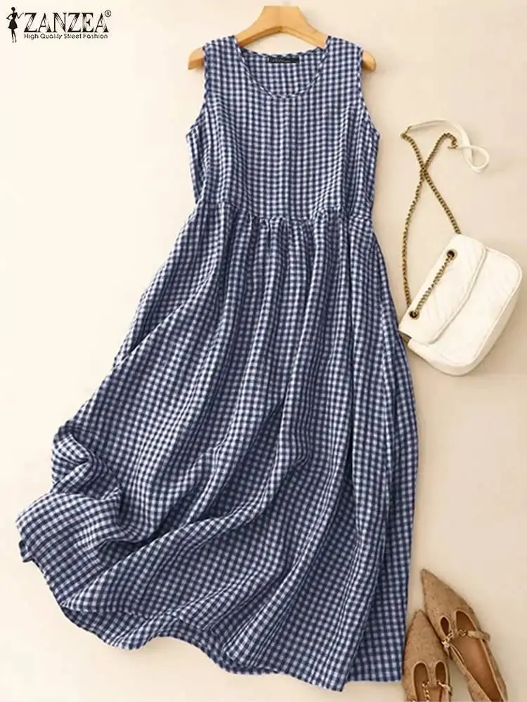 Summer Plaid Checked Sundress Sleeveless Bohemain Holiday Dresses Women Elegant O Neck Dress Casual Baggy Work Vestidos — image 2