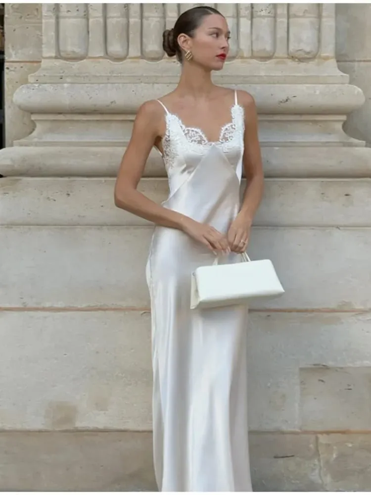 Vestido sexi de satén amarillo con encaje y retales, vestido femenino con tirantes finos, sin mangas, cuello en V, corte al bies, bata de fiesta nocturna de verano 2026 — image 7