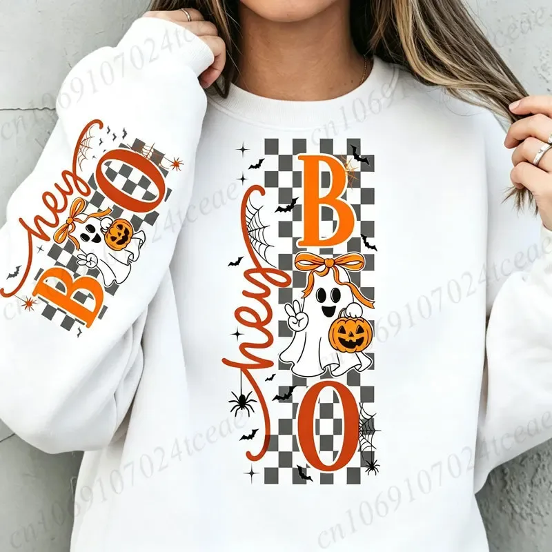 Halloween Hey Boo Unisex mikina Roztomilá mašli Ghost Dýně Grafický výstřih s dlouhým rukávem Neformální podzimní svetr Bavlněné topy 330 g/m² — image 2