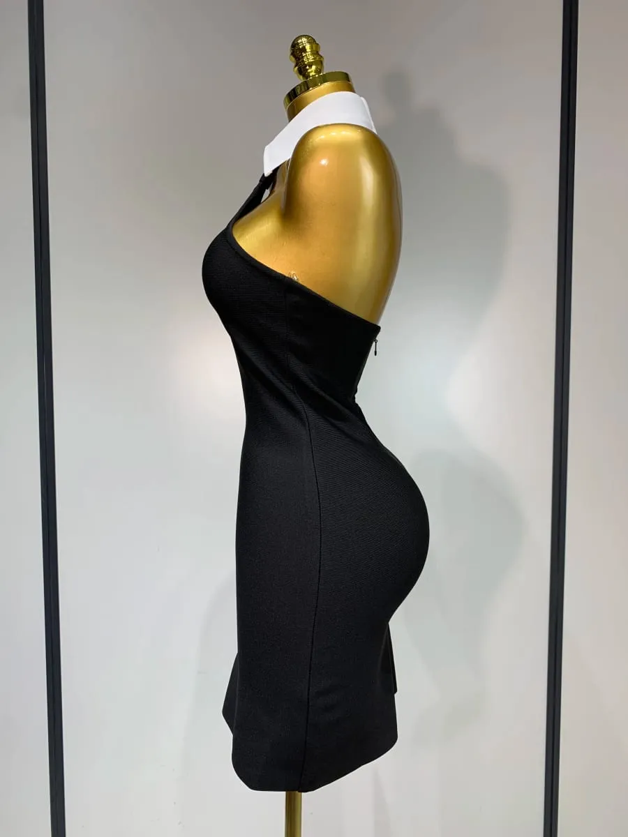 Women Sexy Backless White Shirt Collar Black Mini Bodycon Bandage Dress 2025 Elegant Evening Club Party Luxury Birthday Dresses