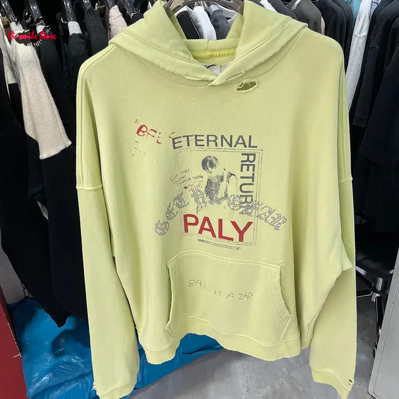 Nieuwe Oversize PALY Hoodies Heren Vrouw Gewassen Zwart Beschadigd Beste kwaliteit Casual Vintage Vest Zip Sweatshirts
