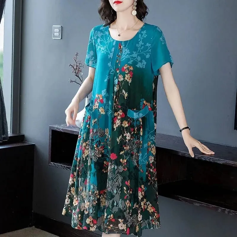 Mother Clothes Summer Chiffon Dresses O-Neck Mid-Long Printed A-line Dress Large Size Short Sleeve Middle-aged Women's Vestidos