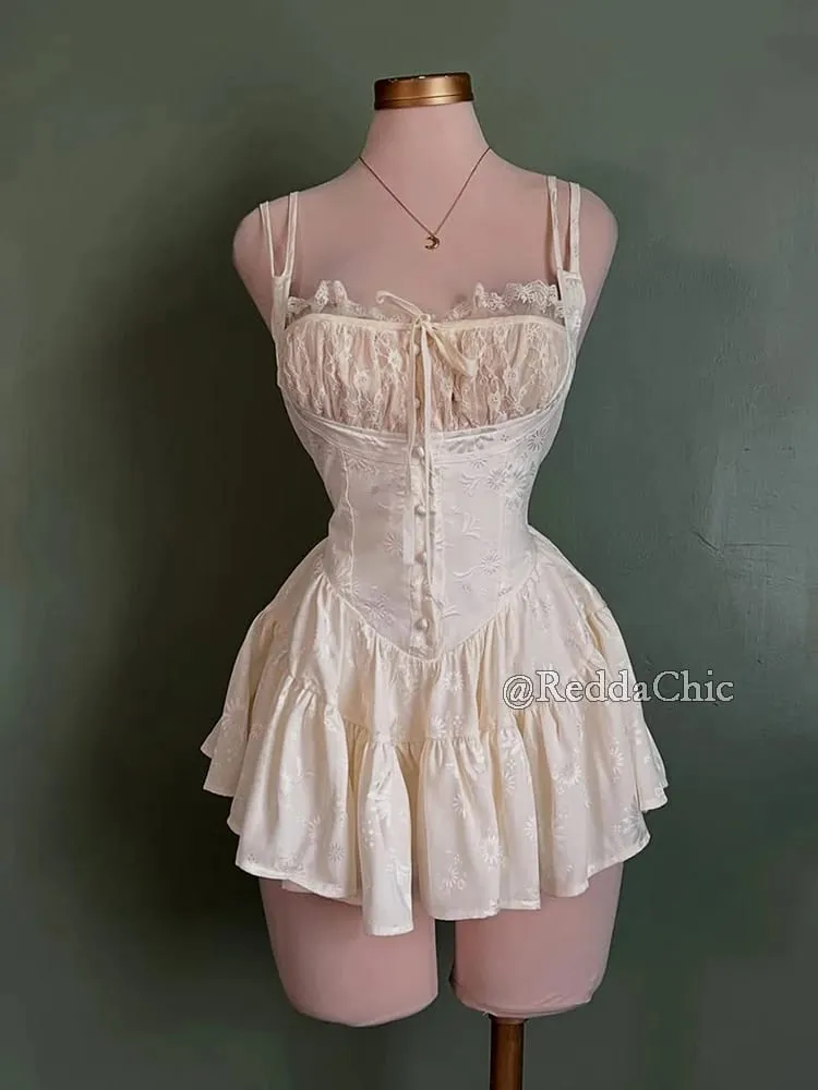 REDDACHiC Medieval Retro Satin Mini Dress & Lace Shorts Coquette Floral Corset Camisole Rompers Date Party Summer Women Clothes — image 5