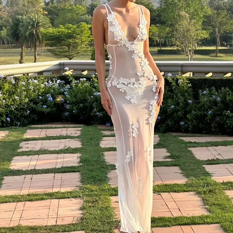 Women Sexy Party Night Backless V Neck Split Cocktail Dress 90s Vintage Floral Sheer Mesh Long Dress Chic Boho Beach Cover-ups — image 6