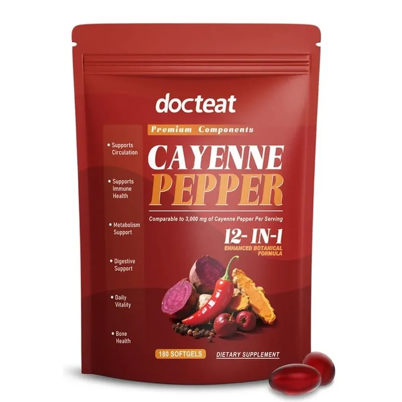 Docteat Cayenne Pepper softgels s vitaminem D3 a K2 pro energetický metabolismus a podporu trávení Antioxidační obrana 180 měkkých gelů