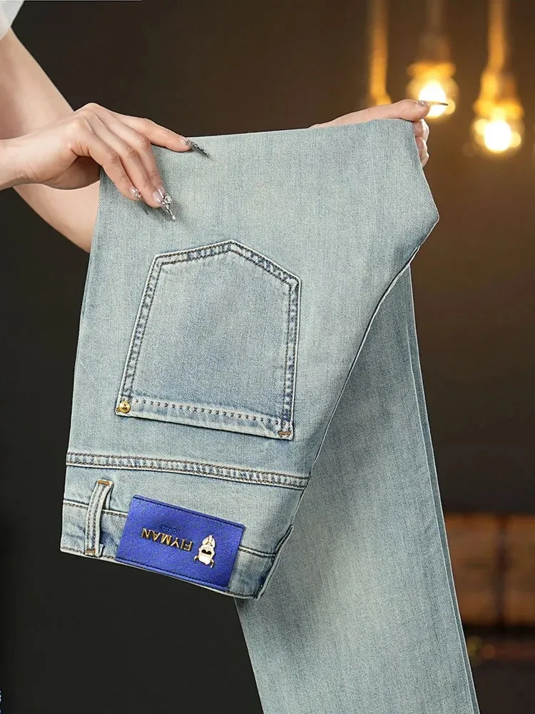 Summer thin 2025 new jeans men's slim fit small foot trendy brand fashionable light luxury elastic denim casual long pants
