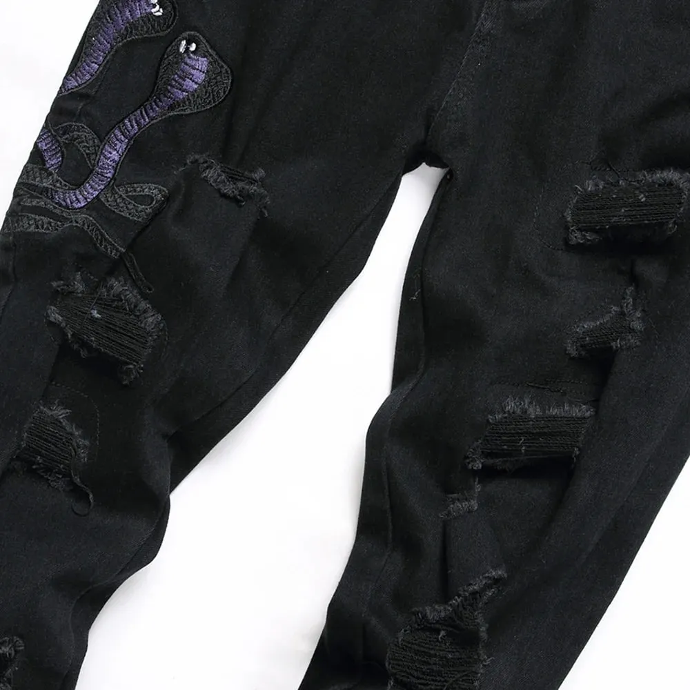 Men Snake Embroidery Jeans Streetwear Black Stretch Denim Pants Holes Ripped Distressed Slim Straight Trousers — image 3