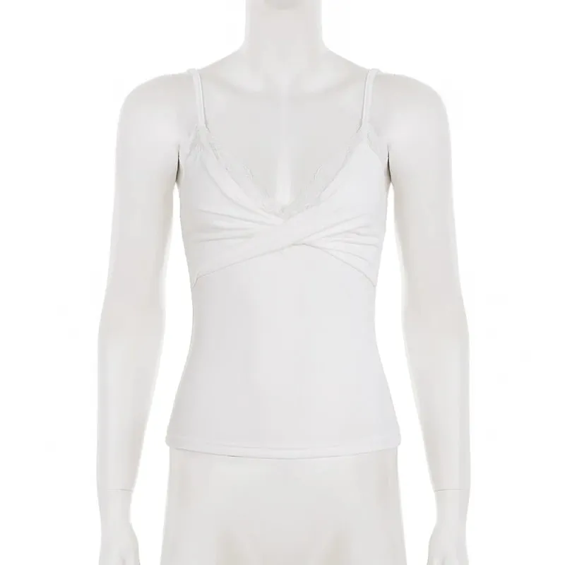 Coquette Lace V Neck Twist Depan Cami Top Spaghetti Strap Slim Kamisol Y2K Daily Sleeveless Tank Top Kasual Summer New — image 5