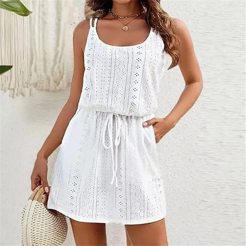 Summer Sleeveless Mini Dress Women Casual A-Line Drawstring Pocket Beach Holiday Dresses For Women Short Dress White Sundress — image 1