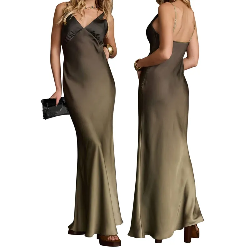 Combhasaki Women's Summer Gradient Contrast Color Sleeveless Adjustable Spaghetti Straps V-Neck Backless A-line Long Slip Dress