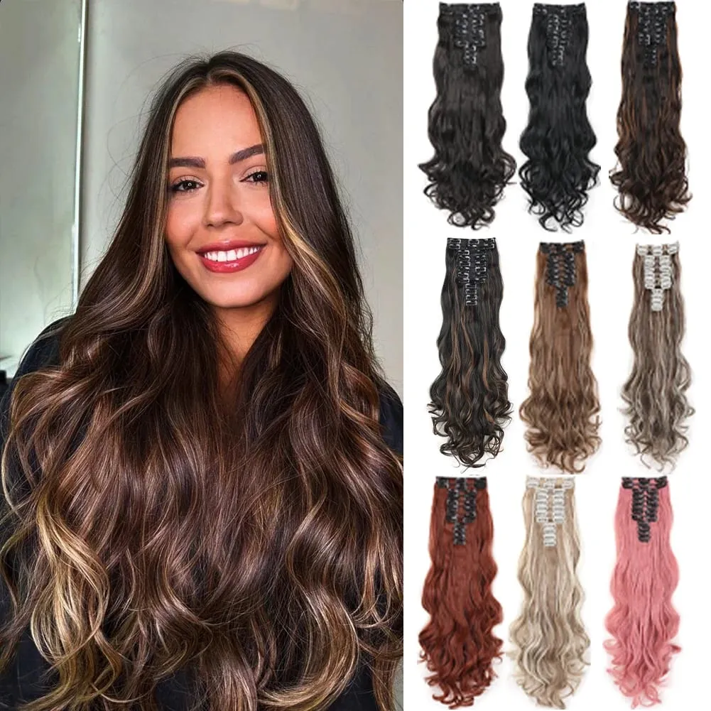 12pcs Highlight Balayage Dark Brown Hairpieces Clip in Hair Extensions 24inch Light Brown&Honey Blonde Synthetic Wavy Hair — image 1