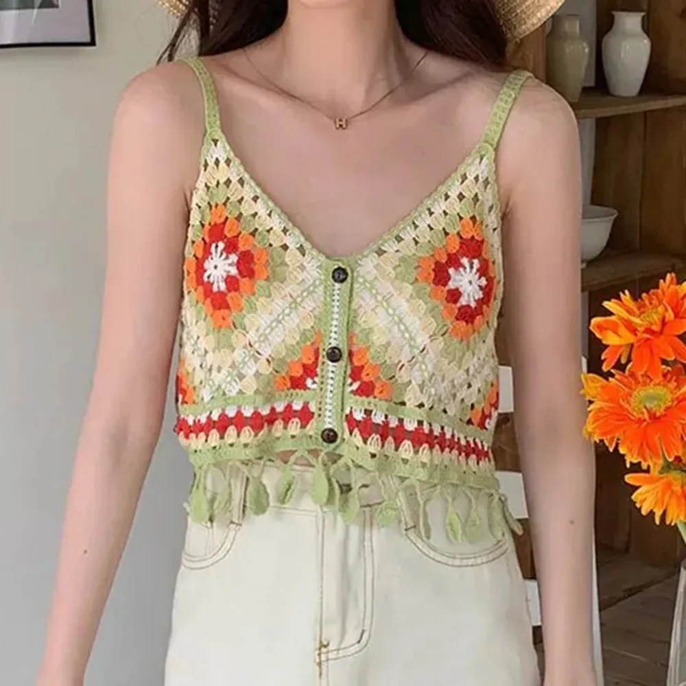 Colorful Patched Crochet Knit Cami Top Fringed Strap Crop Tank Top for Women Teengirl Summer Boho Vacation Beach Wear — image 2