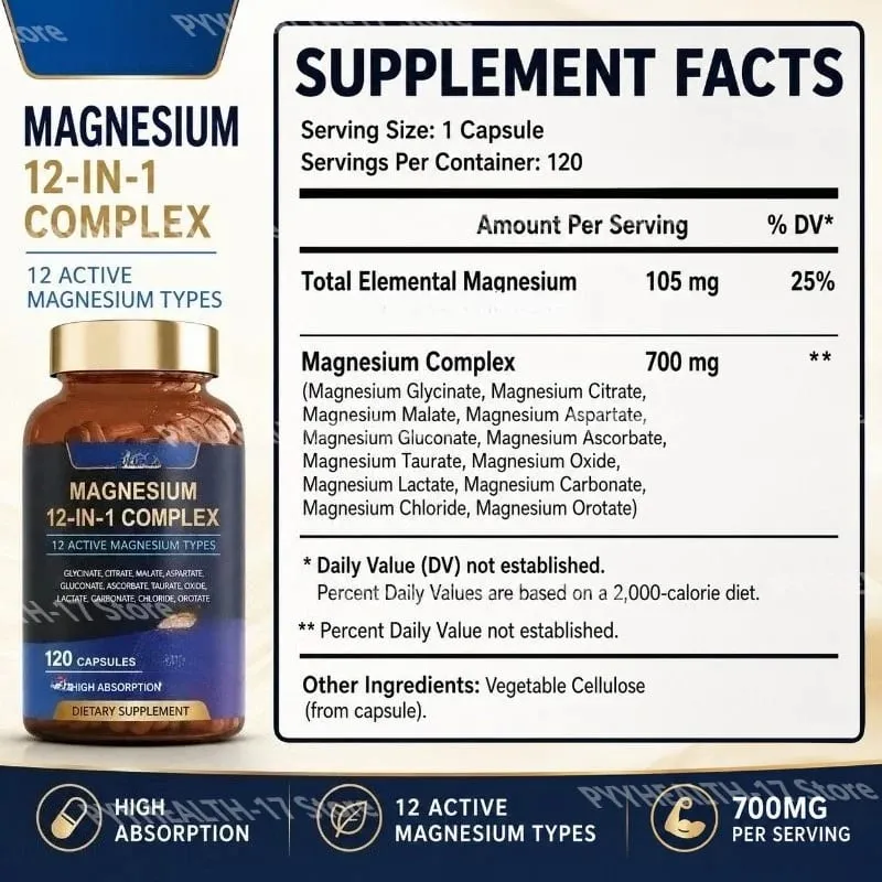 Kapsul Kompleks Magnesium 12-Dalam-1 12 Jenis Magnesium Aktif Penyerapan Tinggi Glisinat Sitrat Bentuk 120 Kapsul — image 2