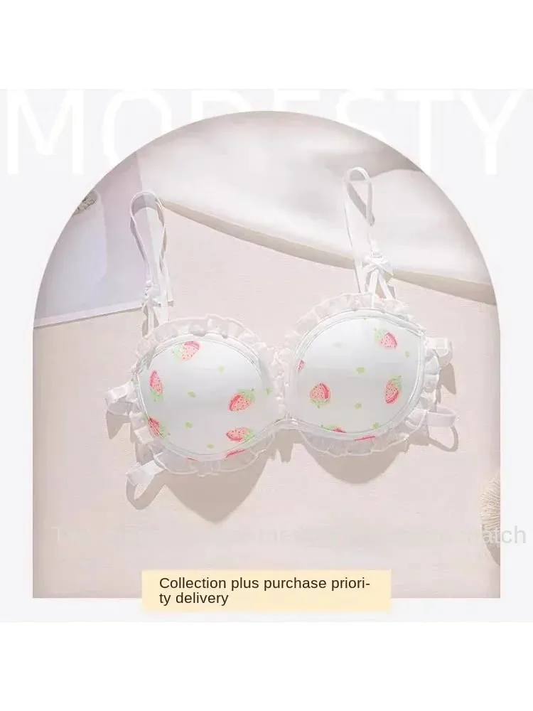 Strawberry 100% Lolita Collection Small Breasts Thin Cartoon Print Underwear Without Wire Back Pure Desire Bra Cover — image 1