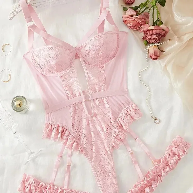 2pcs Red Floral Lace Garter Lingerie Set Women's Underwire Bra Choker Thongs Intimate Ladies Underwear Set — image 3