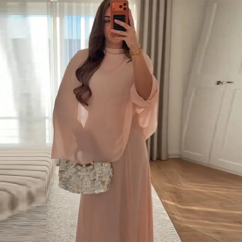 Minimalista rózsaszín sifon álló gallérú ruhák női divatos vékony szabású réteges kendő ujjú Vestido nyári tengerparti vakáció napi ruha