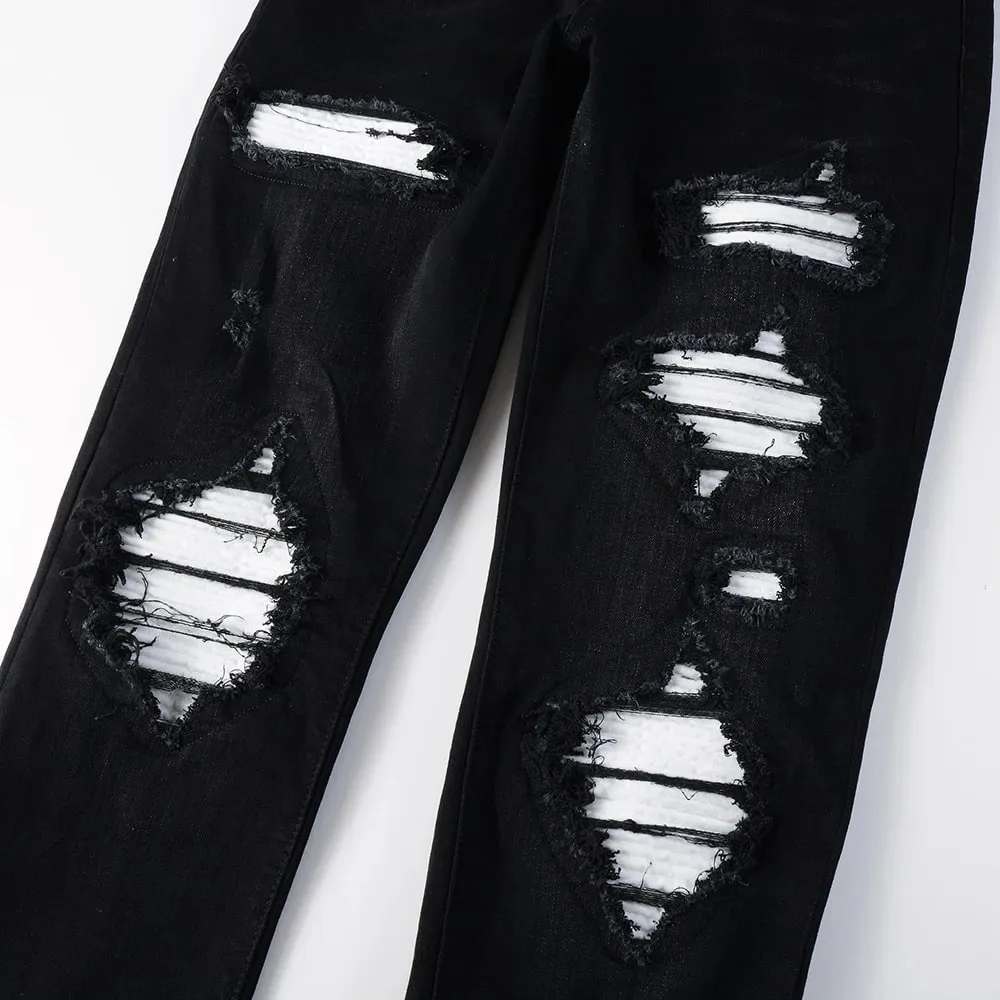 Men's White Pleated Patch Denim Jeans Streetwear High Stretch Denim Cotton Pants Ripped Skinny Tapered Black Trousers — image 3