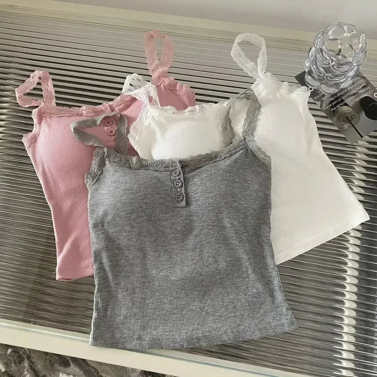2024 Solid Color Knit Tank Top Vest Women Female Slim Undershirt Sexy Lace Camisole With Chest Pad Crop Tops Sleeveless T Shirt — image 4