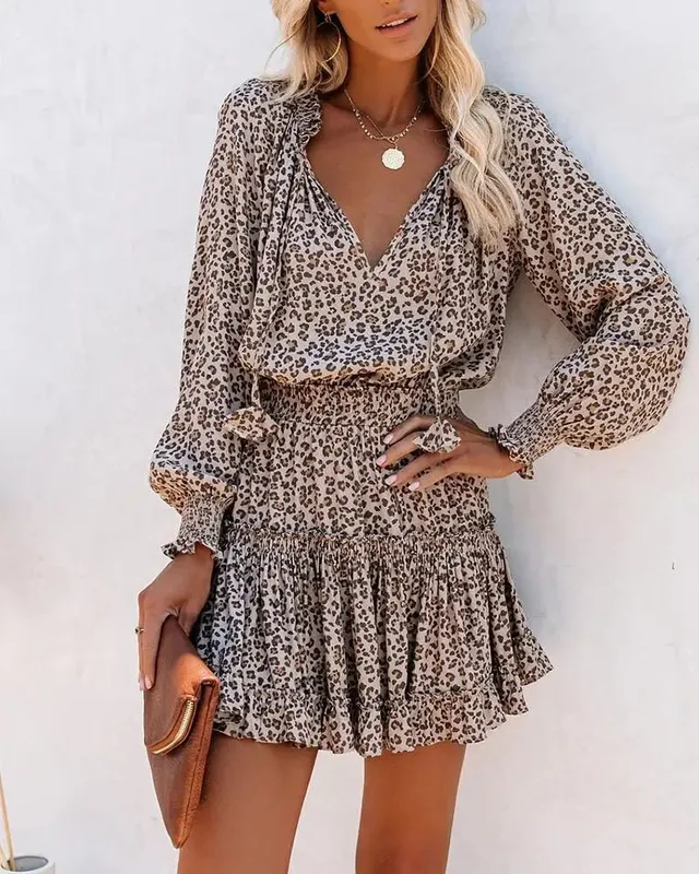 Color Printed Mini Dresses Women Spring Summer Long Sleeve V-neck Elastic Waist Ruffles Dress Fashion Trendy Ladies Vestidos — image 1